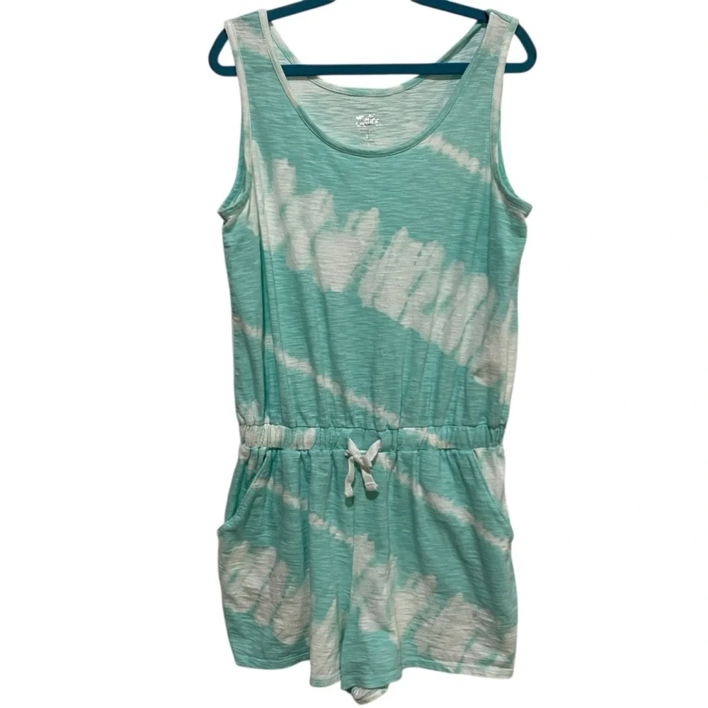 Justice Romper Shorts Tank Style Aqua and White Tie-Dye Size 12/14 Large Girls
